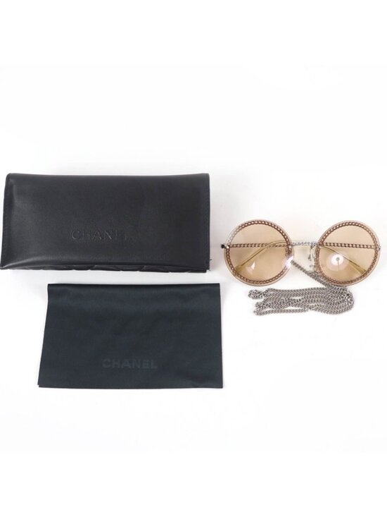 Chanel CC Logo Round Sunglasses with Chain Silver Clear Brown Case Necklace